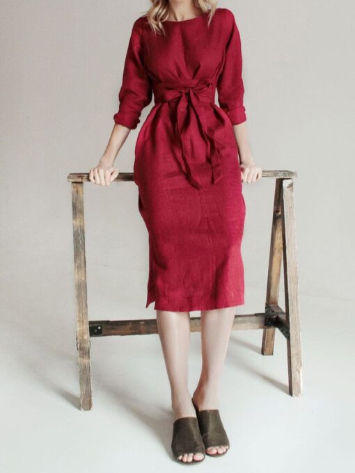 "Selena" Linen Long Sleeve Burgundy Midi Dress - Image 2