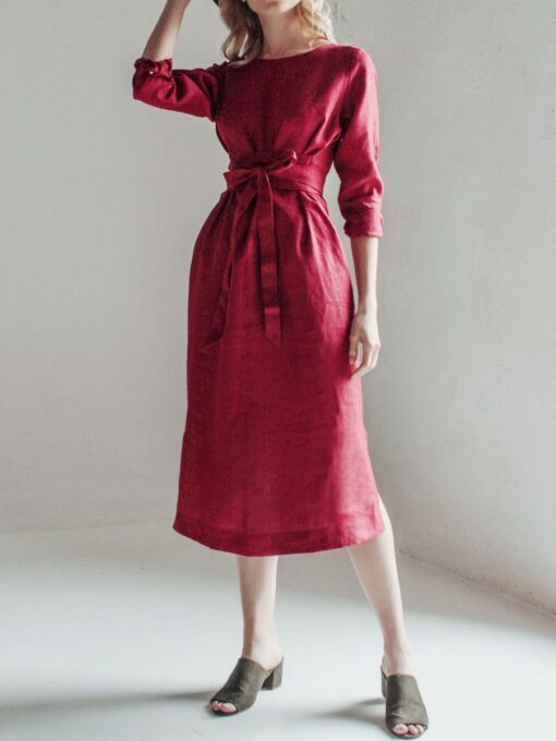 "Selena" Linen Long Sleeve Burgundy Midi Dress - Image 3