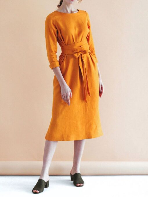 "Selena" Linen Mustard Yellow Midi Dress - Image 2