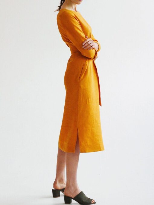 "Selena" Linen Mustard Yellow Midi Dress - Image 3