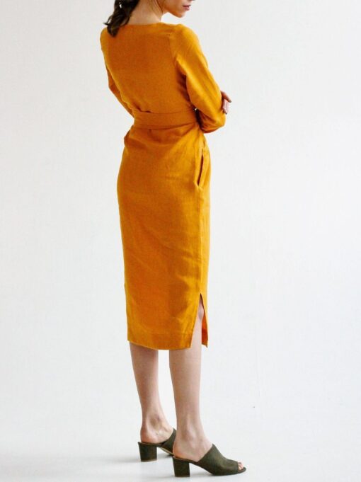 "Selena" Linen Mustard Yellow Midi Dress - Image 4