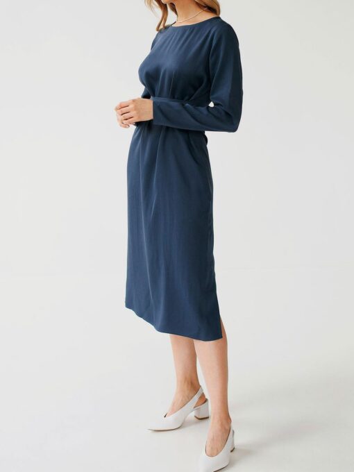 "Selena" Linen Navy Blue Midi Dress - Image 5