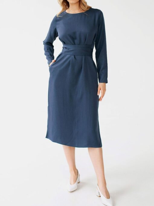 "Selena" Linen Navy Blue Midi Dress - Image 8