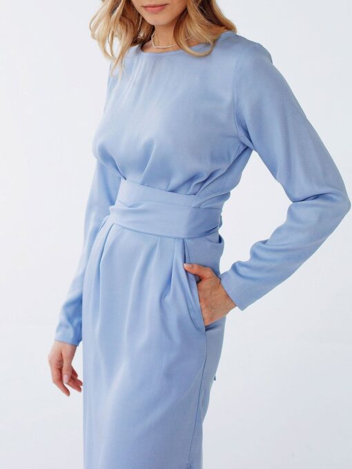 "Selena" Linen Sky Blue Midi Dress - Image 7