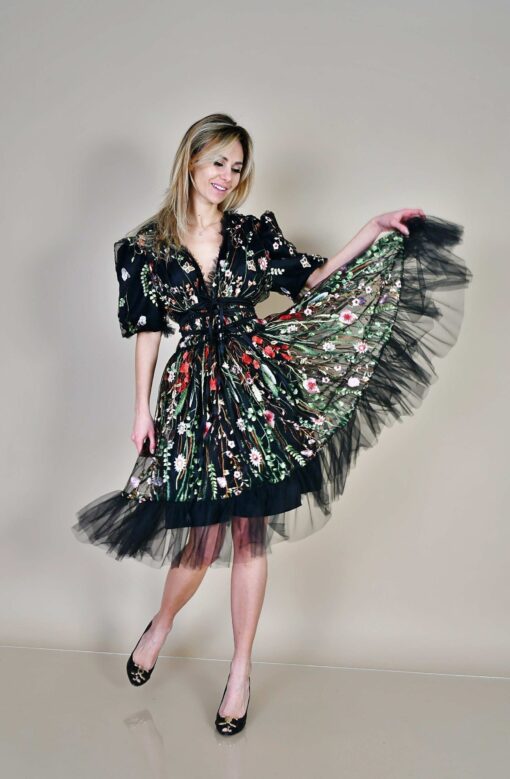 Embroidered Flowers Tulle Lace Gothic Midi Dress - Image 4