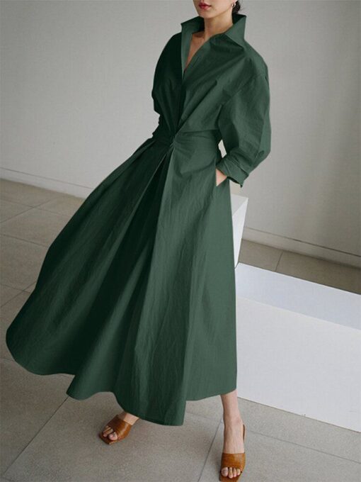 Women's Solid Pocket Button Lapel Long Sleeve Maxi Shirt Casual Dress - Image 3