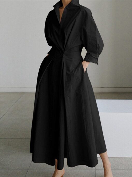 Women's Solid Pocket Button Lapel Long Sleeve Maxi Shirt Casual Dress - Image 2