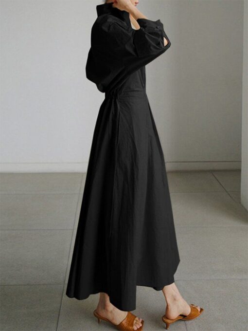 Women's Solid Pocket Button Lapel Long Sleeve Maxi Shirt Casual Dress - Image 9