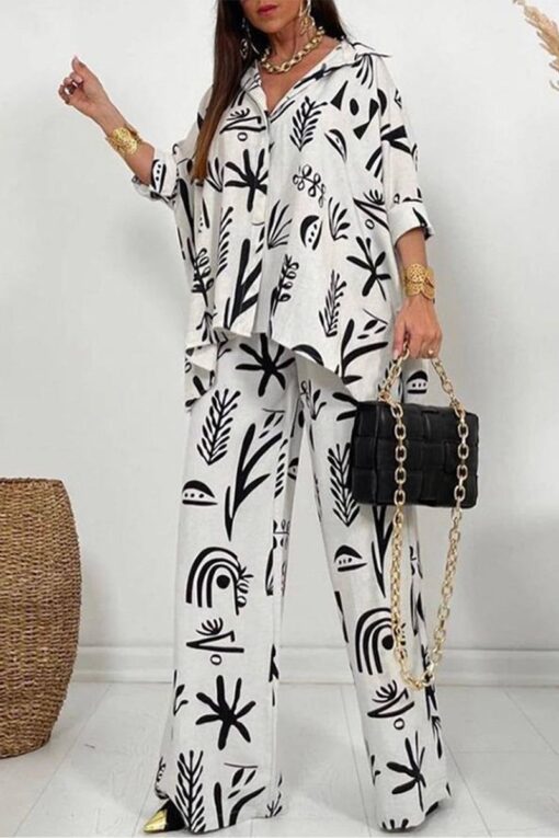 Casual Print Solid Printing Turndown Collar Three Quarter Two Pieces - Image 2