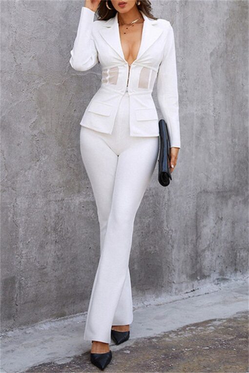 Casual Solid Patchwork Turn-back Collar Long Sleeve Two Pieces - Image 4