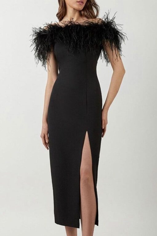 Celebrities Elegant Solid Feathers Zipper Off the Shoulder Evening Dress Dresses - Image 3