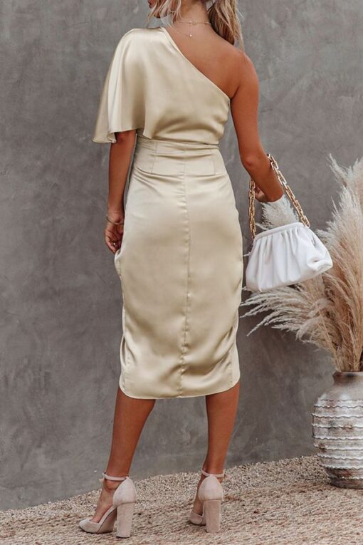 Elegant Solid Patchwork Fold Oblique Collar Evening Dress Dresses - Image 3