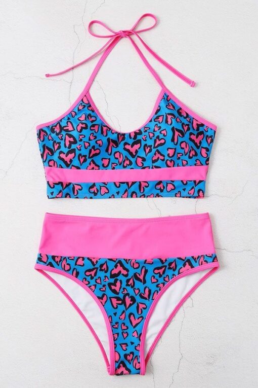 Heart Pattern Halter High Waisted Bikini Swimsuit - Image 5