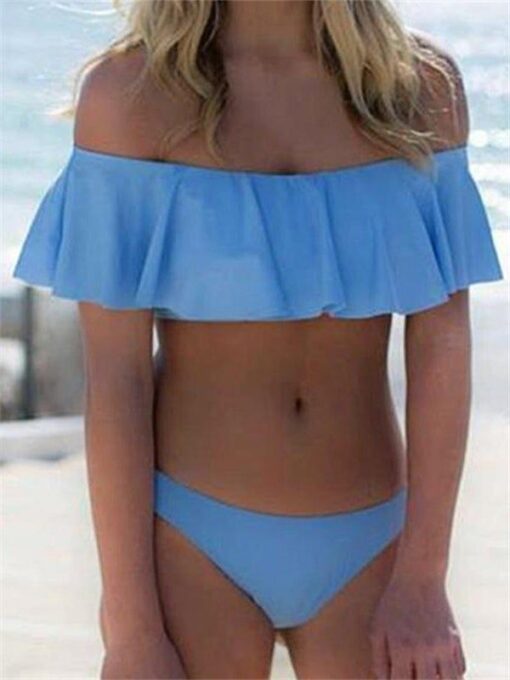 Light Blue Lotus Leaf Boat Neck Bikini Set - Image 4