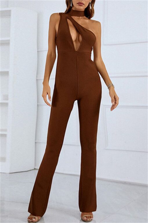 Sexy Casual Solid Hollowed Out Backless Turtleneck Regular Jumpsuits