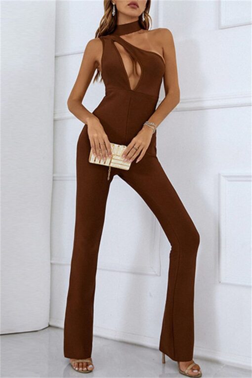 Sexy Casual Solid Hollowed Out Backless Turtleneck Regular Jumpsuits - Image 3