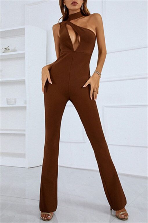 Sexy Casual Solid Hollowed Out Backless Turtleneck Regular Jumpsuits - Image 4