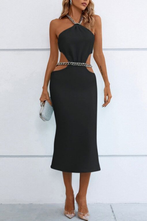 Sexy Casual Solid Patchwork Chains Backless Halter Sleeveless Dress Dresses - Image 3