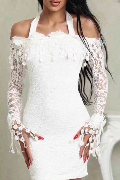 Sexy Elegant Solid Lace Off the Shoulder A Line Dresses - Image 3