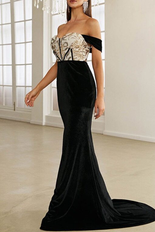 Sexy Formal Patchwork Hollowed Out Sequins Backless Off the Shoulder Evening Dress Dresses - Image 2