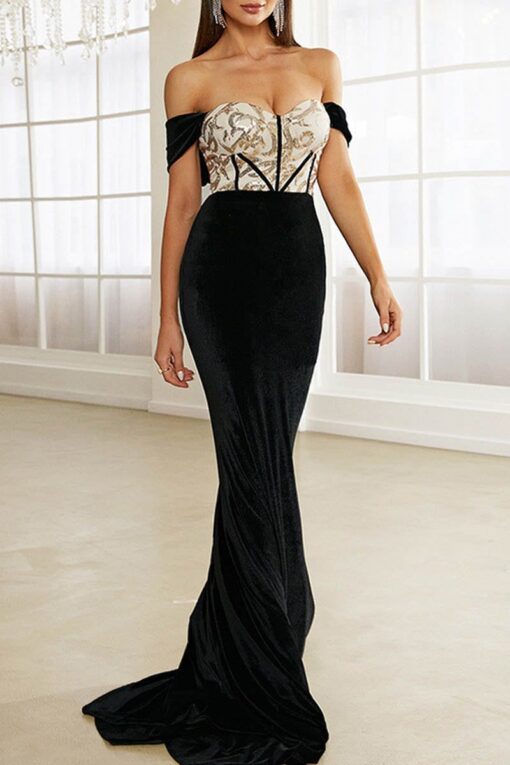 Sexy Formal Patchwork Hollowed Out Sequins Backless Off the Shoulder Evening Dress Dresses - Image 6