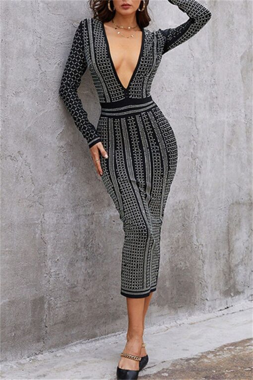 Sexy Formal Patchwork Hot Drill V Neck Long Sleeve Dresses