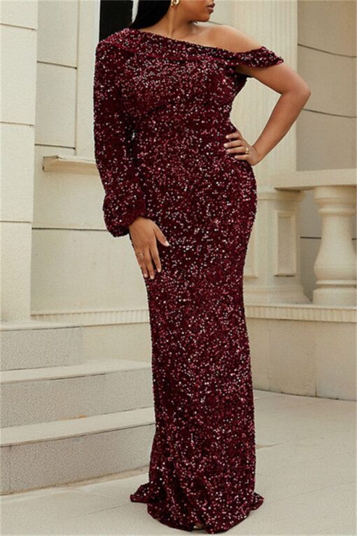 Sexy Formal Patchwork Sequins Backless Oblique Collar Evening Dress Plus Size Dresses - Image 3