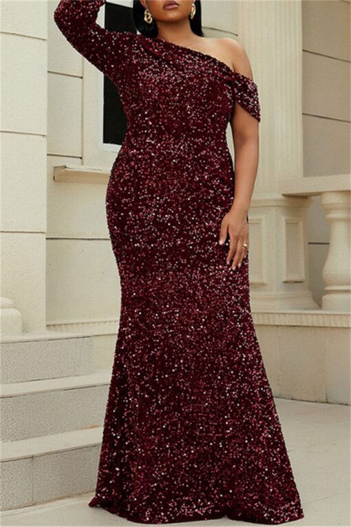 Sexy Formal Patchwork Sequins Backless Oblique Collar Evening Dress Plus Size Dresses - Image 8