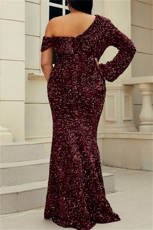 Sexy Formal Patchwork Sequins Backless Oblique Collar Evening Dress Plus Size Dresses - Image 5