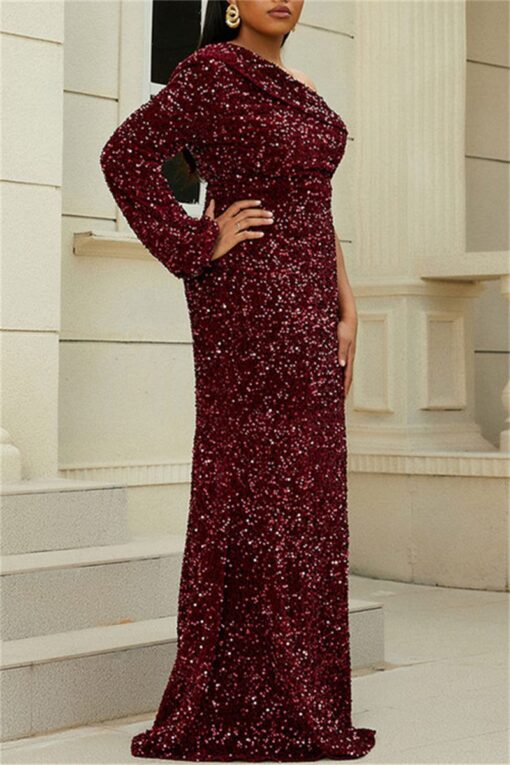 Sexy Formal Patchwork Sequins Backless Oblique Collar Evening Dress Plus Size Dresses - Image 6