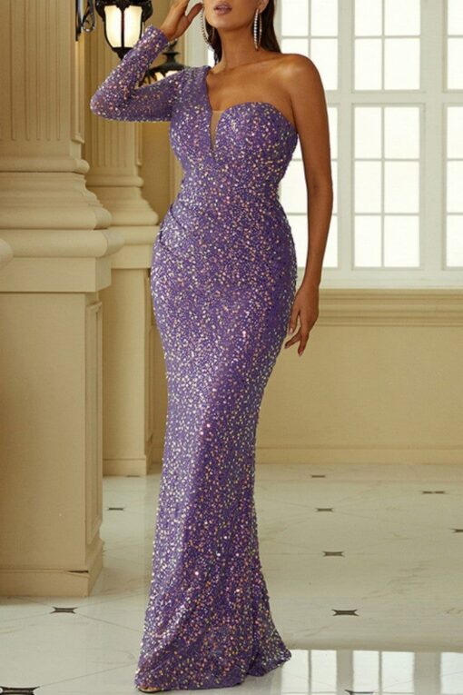 Sexy Formal Patchwork Sequins Backless One Shoulder Evening Dress Dresses - Image 3