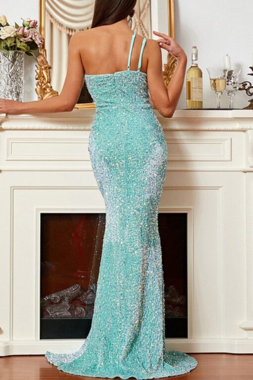 Sexy Formal Patchwork Sequins Backless Slit One Shoulder Evening Dress Dresses - Image 3