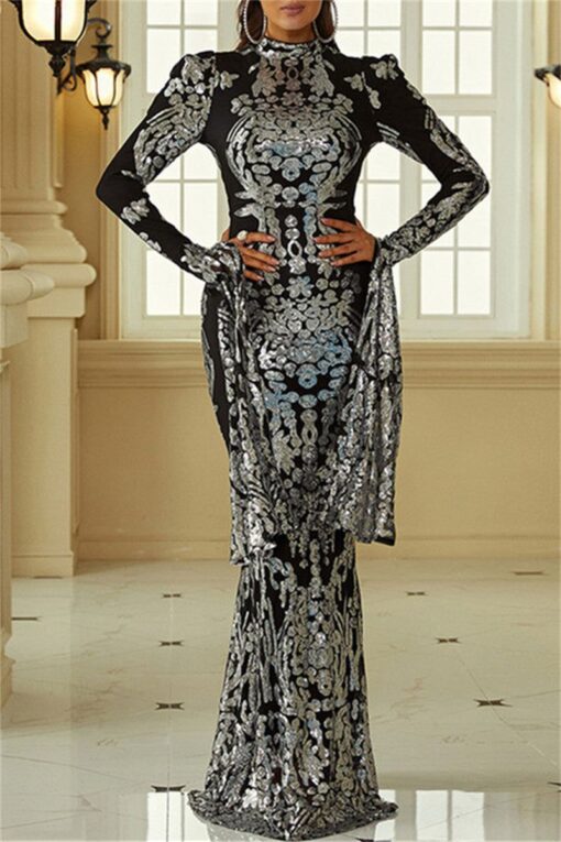 Sexy Formal Patchwork Sequins Half A Turtleneck Evening Dress Dresses