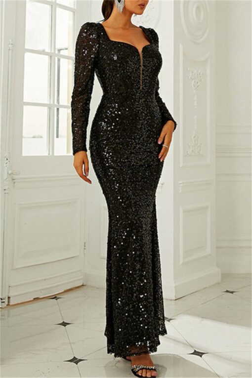 Sexy Formal Patchwork Sequins Square Collar Long Dress Dresses - Image 3