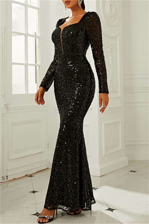 Sexy Formal Patchwork Sequins Square Collar Long Dress Dresses - Image 7