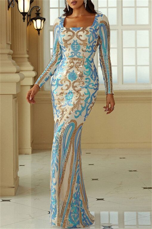 Sexy Formal Patchwork Sequins Square Collar Long Dress Dresses - Image 6