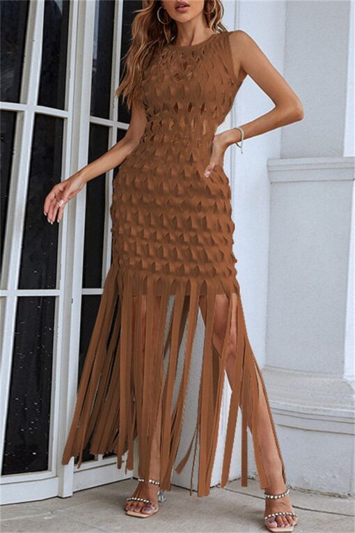 Sexy Formal Patchwork Solid Tassel Hollowed Out O Neck Sleeveless Dress Dresses - Image 3