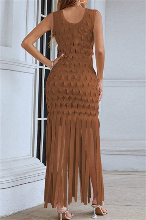 Sexy Formal Patchwork Solid Tassel Hollowed Out O Neck Sleeveless Dress Dresses - Image 7