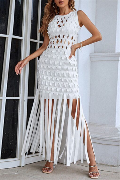 Sexy Formal Patchwork Solid Tassel Hollowed Out O Neck Sleeveless Dress Dresses - Image 10