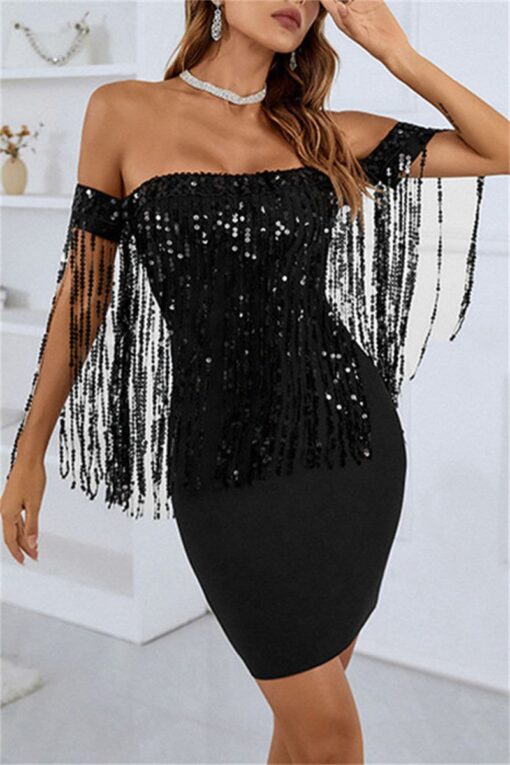 Sexy Formal Patchwork Tassel Backless Off the Shoulder Evening Dress Dresses