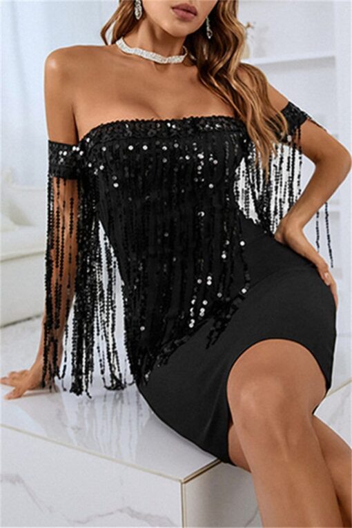 Sexy Formal Patchwork Tassel Backless Off the Shoulder Evening Dress Dresses - Image 3