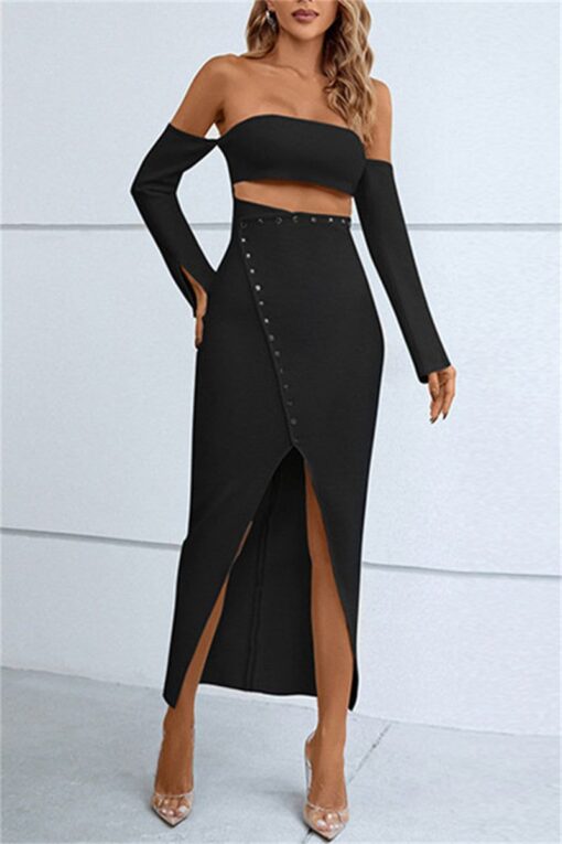 Sexy Formal Solid Hollowed Out Patchwork Slit Off the Shoulder Strapless Dress Dresses - Image 6