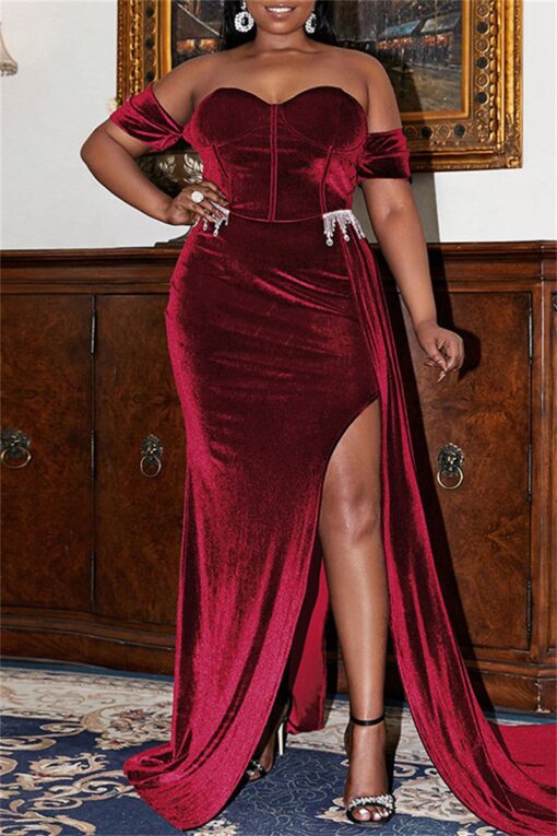 Sexy Formal Solid Patchwork Slit Off the Shoulder Evening Dress Plus Size Dresses - Image 6