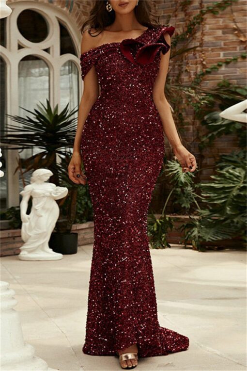 Sexy Formal Solid Sequins Backless Off the Shoulder Trumpet Mermaid Dresses