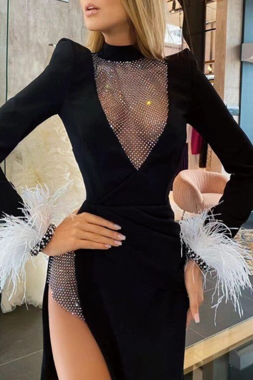 Sexy Patchwork Hollowed Out See-through Feathers Half A Turtleneck Long Sleeve Dresses