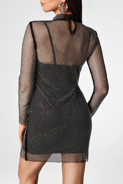 Sexy Patchwork Hollowed Out See-through Turtleneck Long Sleeve Dresses - Image 2