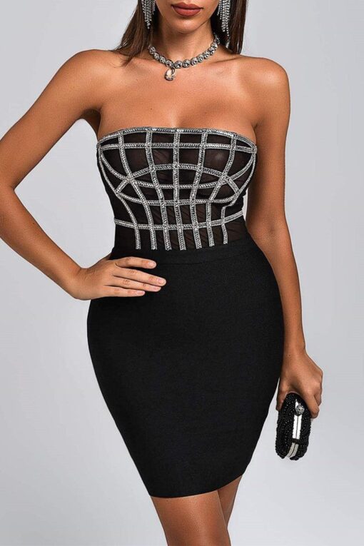 Sexy Patchwork Hot Drilling Backless Strapless One Step Skirt Dresses