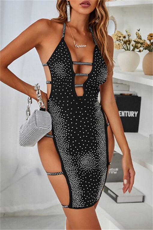 Sexy Patchwork Hot Drilling Hollowed Out Backless Halter Sleeveless Dress Dresses