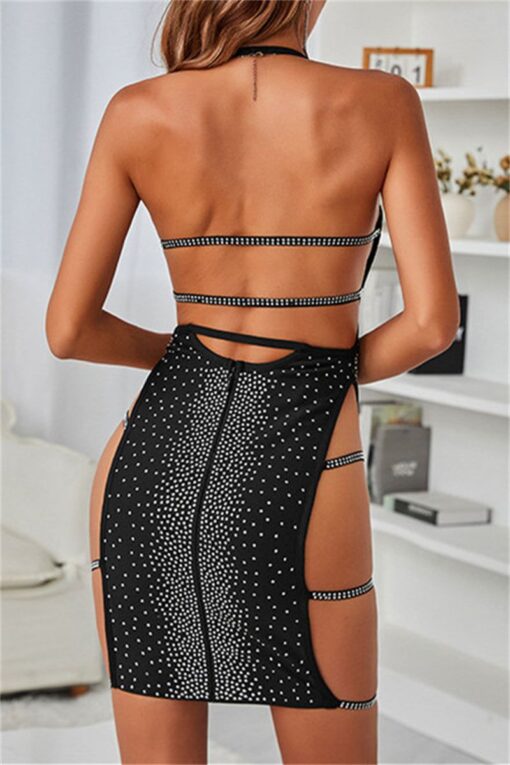 Sexy Patchwork Hot Drilling Hollowed Out Backless Halter Sleeveless Dress Dresses - Image 5