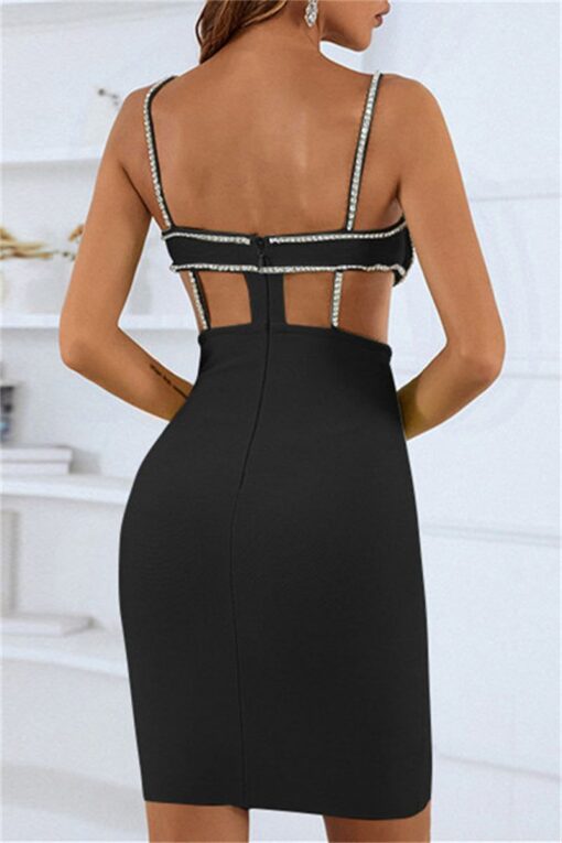 Sexy Patchwork Rhinestone Hollowed Out Backless Spaghetti Strap Sleeveless Dress Dresses - Image 2